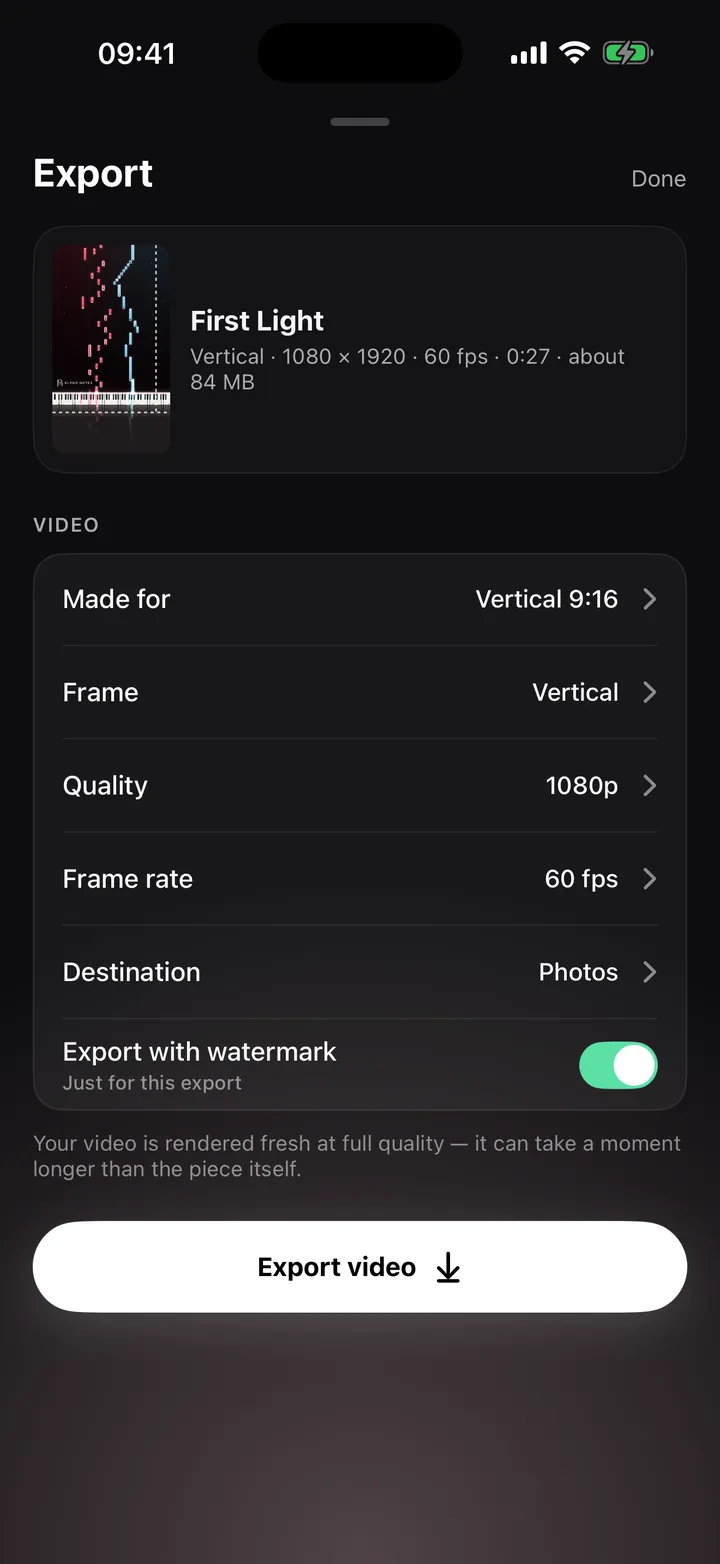 The Export page: frame, quality, frame rate and where the video goes