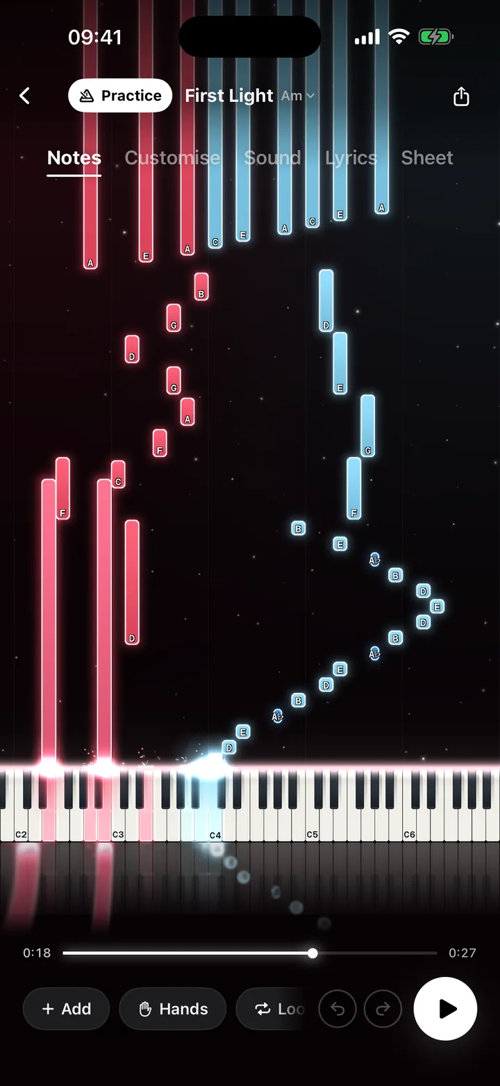 The Blanc Notes Studio: a piece as falling notes above a lit keyboard